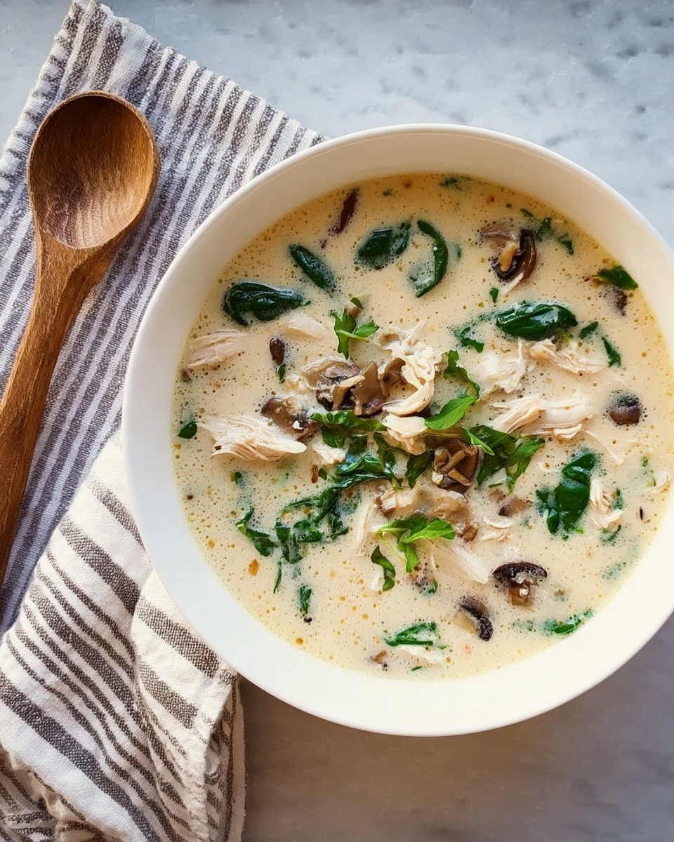 A white bowl filled with creamy soup, showing mixed layers of light beige creamy broth with small pieces of light brown mushrooms and bright green spinach leaves floating throughout. Thin lighter shreds of white chicken are scattered on top of the creamy soup. The bowl is placed on a white marbled surface with a striped cloth and a wooden spoon nearby. The photo taken with an iphone --ar 4:5 --v 7