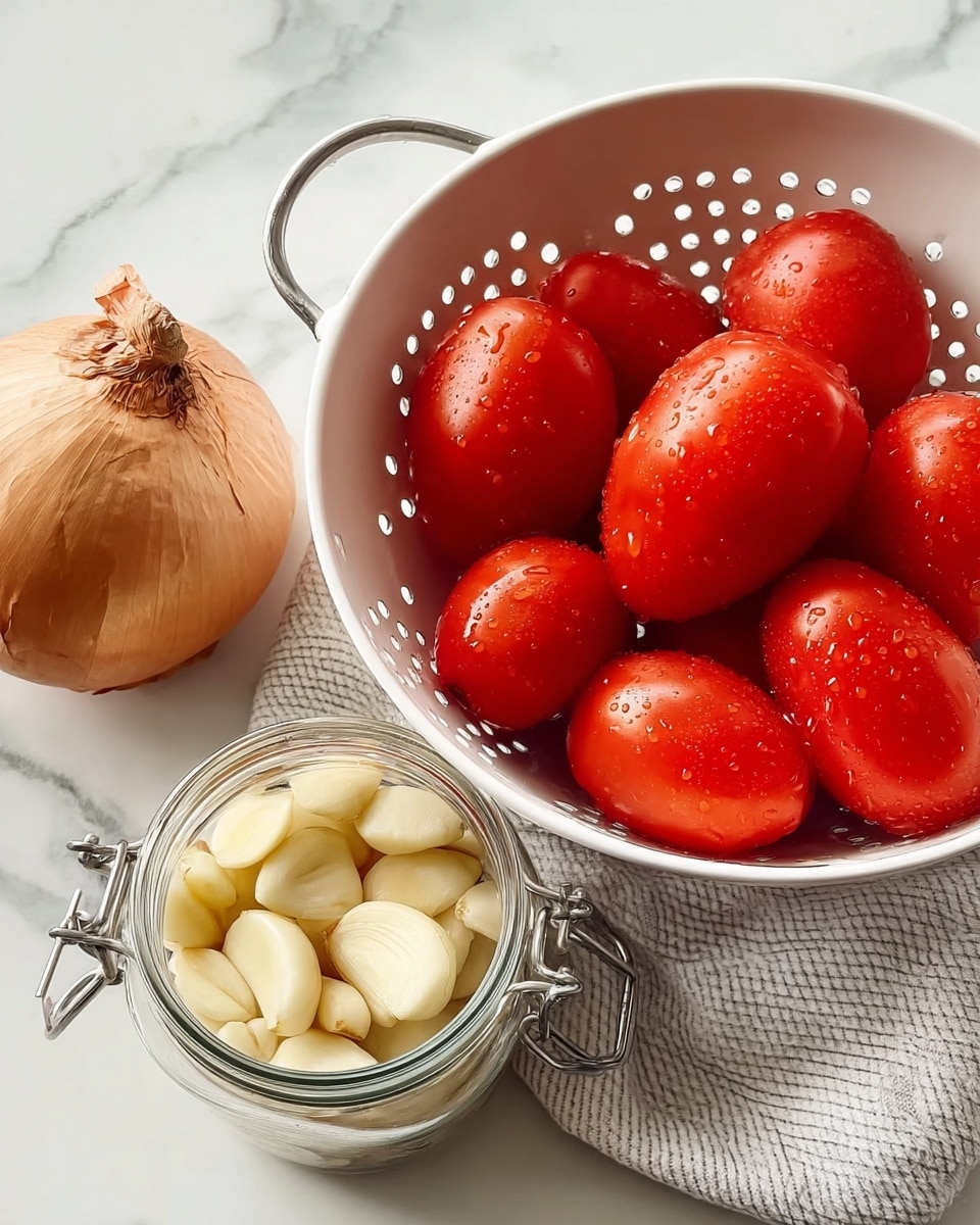 A white colander filled with several shiny, bright red Roma tomatoes sits on a white marbled surface with water droplets on the tomatoes. Next to it, a glass jar with a metal clasp contains peeled garlic cloves, showing their smooth, light yellow texture. A whole, light brown onion with a dry, papery outer layer lies nearby. A white and gray striped cloth is partially visible under the colander. photo taken with an iphone --ar 4:5 --v 7