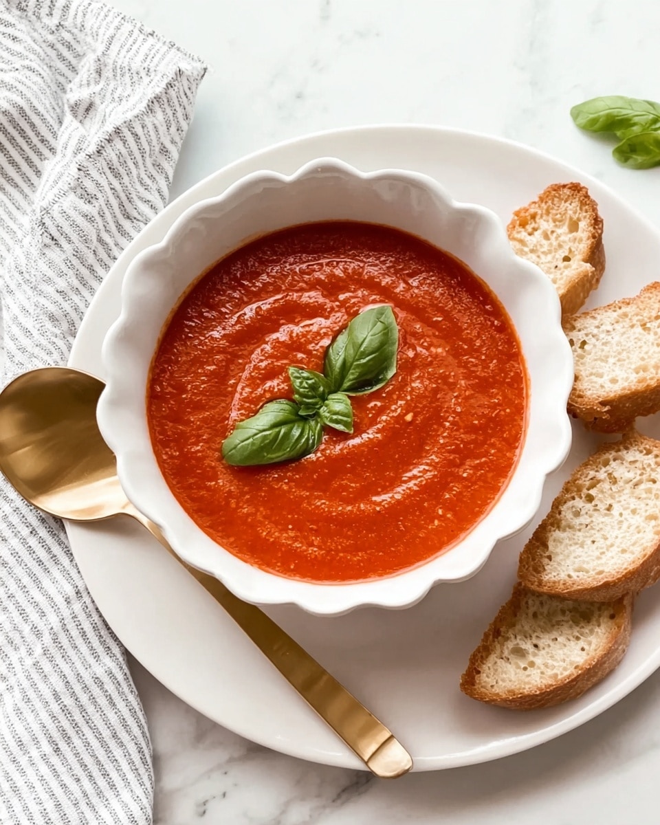 A bowl of thick, smooth red tomato soup sits in the center of a larger white scalloped plate. The soup has a slightly textured surface and is topped with two small fresh green basil leaves placed near the middle. Around the bowl, there are small pieces of light brown toasted bread scattered on a white marbled surface. To the right of the bowl, a shiny gold spoon rests on the plate. On the left side of the image, a bunch of fresh bright green basil leaves lies next to a white and grey striped cloth. The photo taken with an iphone --ar 4:5 --v 7