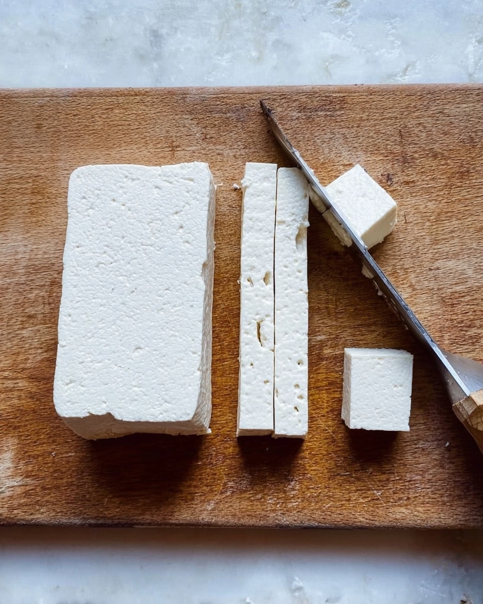 A wooden cutting board on a white marbled surface holds a large block of white tofu on the left side, with two long rectangular strips and two small square pieces being sliced by a knife from the right side. The tofu has a smooth, slightly porous texture with small air holes visible. Photo taken with an iphone --ar 4:5 --v 7