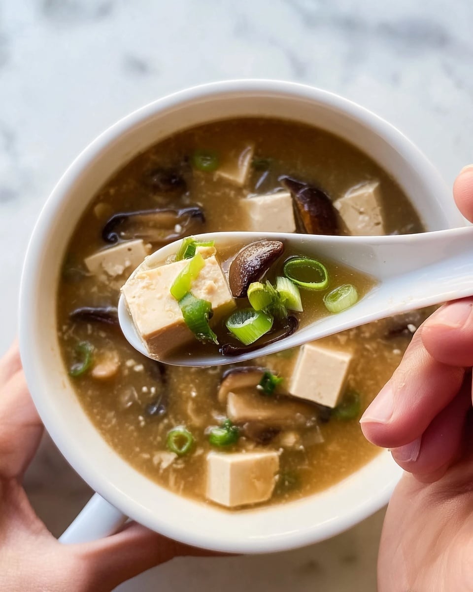 The image shows a bowl of light brown soup with visible pieces of beige tofu, green chopped spring onions, and dark brown mushrooms floating in the broth. The bowl is white and sits on a wooden board along with a small wooden bowl filled with chopped green spring onions on the left and a white bowl of cooked white rice topped with some green onion pieces at the bottom left. A woman's hand holds a white spoon inside the soup bowl. The surface under this setup is a white marbled texture, and a white cloth with dark lines is partially visible in the top left corner. photo taken with an iphone --ar 4:5 --v 7