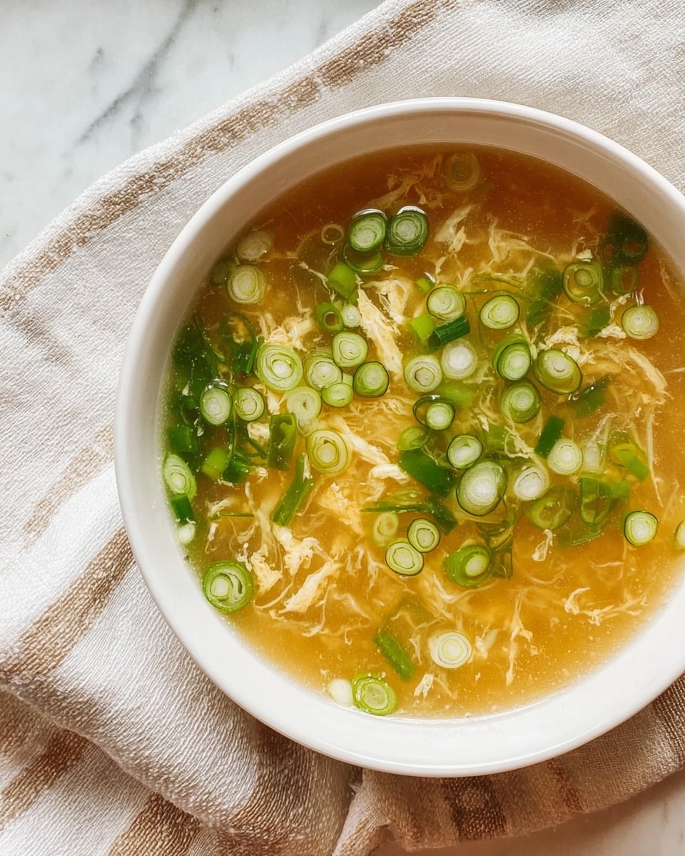 Two white bowls filled with clear broth soup sit on a white marbled surface. Each bowl shows floating light yellow strands of egg, mixed with scattered small pieces of shredded chicken in a golden broth. Bright green chopped scallions float on top, adding color contrast. A white cloth with black stripes is loosely placed between and around the bowls. The photo is taken from slightly above, showing the soup layers clearly. photo taken with an iphone --ar 4:5 --v 7