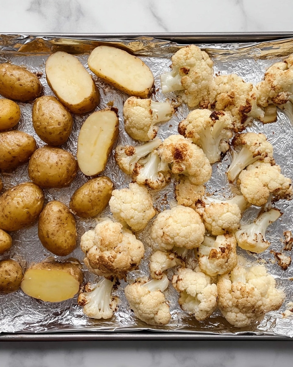 The image shows a sheet pan covered with aluminum foil resting on a white marbled surface. On the pan, there are several browned, roasted cauliflower florets spread on the right side, with their off-white texture and golden-brown spots from roasting clearly visible. On the left side, there are small, peeled potatoes with a light golden skin and a slightly roasted texture. At the top-left corner, there are two thick, smooth, pale brown mushroom slices. The overall look is of freshly roasted vegetables with simple, rustic textures. Photo taken with an iphone --ar 4:5 --v 7