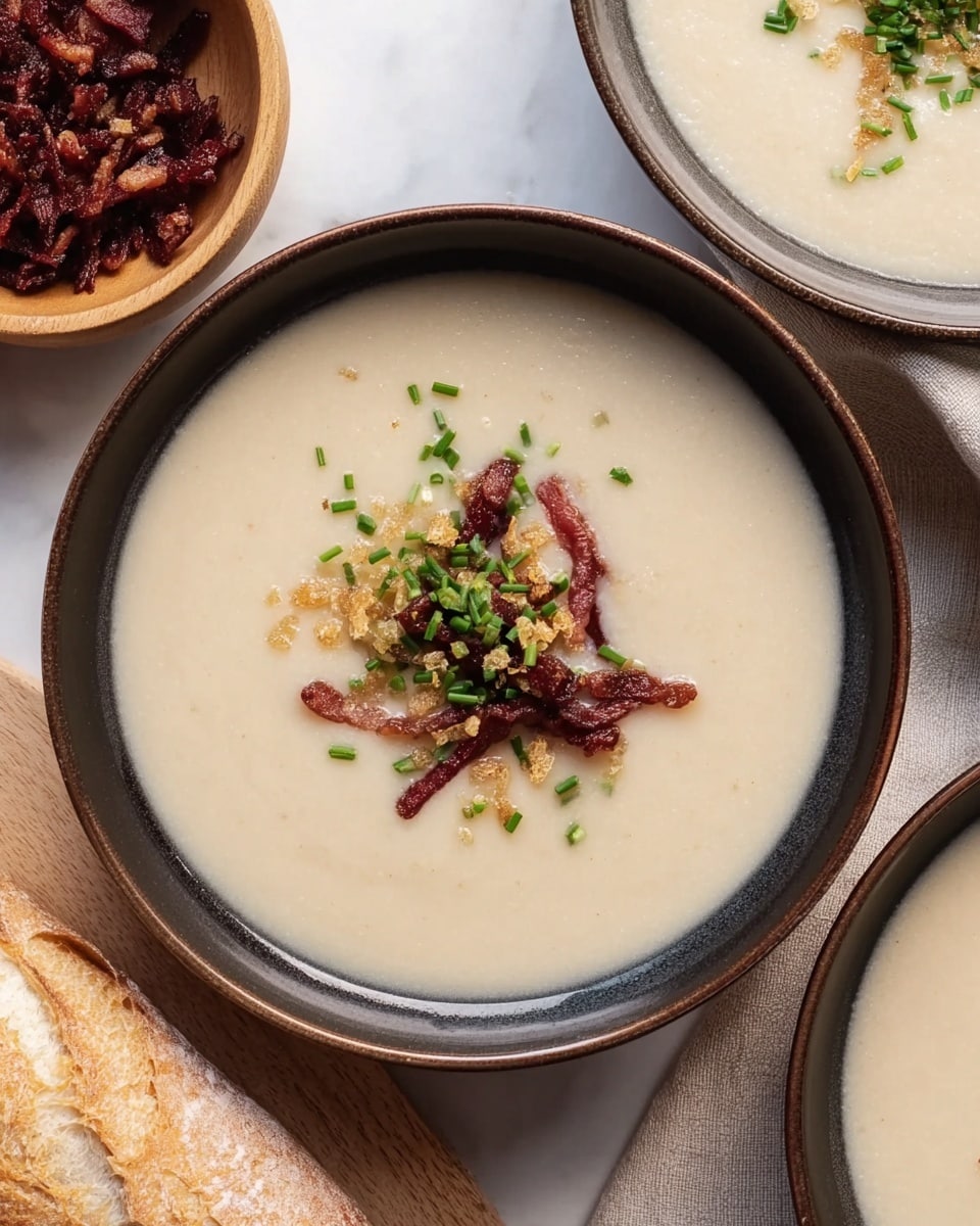 A close-up of a dark rimmed white bowl filled with a smooth, creamy, pale beige soup. The soup has a small pile of thin, dark brown bacon pieces and small golden crunchy bits in the center, topped with finely chopped bright green chives. To the left, a small light wooden bowl holds more dark brown bacon pieces. To the right, part of another bowl of the same soup is visible. Below, a portion of a light crusty bread loaf rests on a white marbled surface. photo taken with an iphone --ar 4:5 --v 7