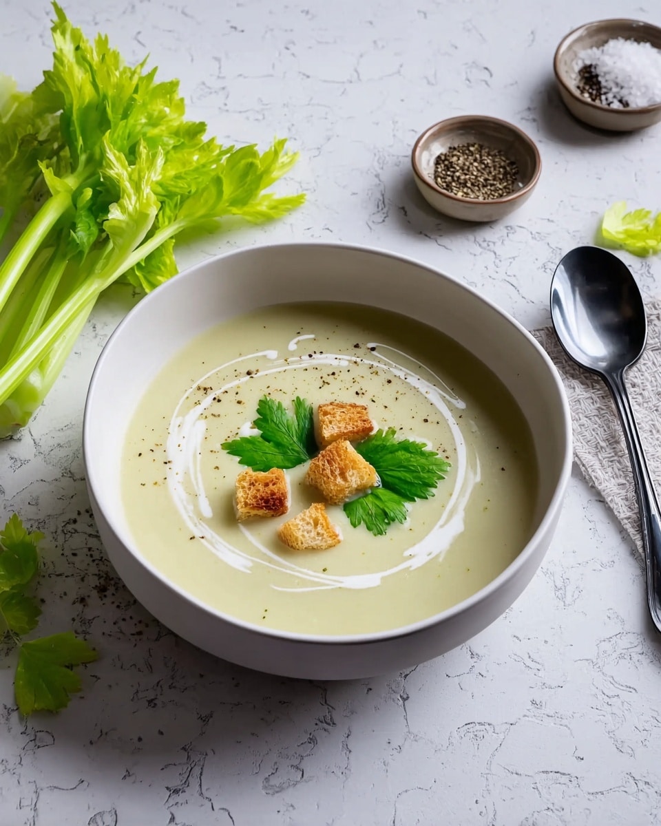 A white bowl filled with smooth light cream soup, decorated with a swirl of white cream on top. In the center of the soup are three small golden brown croutons and two fresh green celery leaves. The bowl is placed on a white marbled surface with fresh celery stalks to the left and small dishes of coarse salt and black pepper to the back right. A shiny silver spoon lies to the right side. Photo taken with an iphone --ar 4:5 --v 7