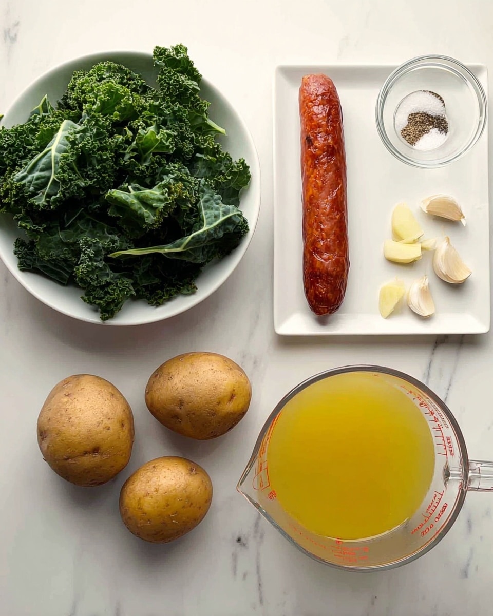 The image shows a white bowl filled with fresh green kale leaves positioned at the top left. Below the bowl, there are two whole brown potatoes placed directly on a white marbled surface. To the right of the potatoes, a long, reddish-brown chorizo sausage sits on a white rectangular plate, accompanied by two garlic cloves and a small glass bowl with salt and pepper. On the top right, there is a white bowl containing a small amount of clear oil or liquid. Below that bowl, a large transparent measuring cup filled with yellow chicken broth is placed on the white marbled surface. photo taken with an iphone --ar 4:5 --v 7