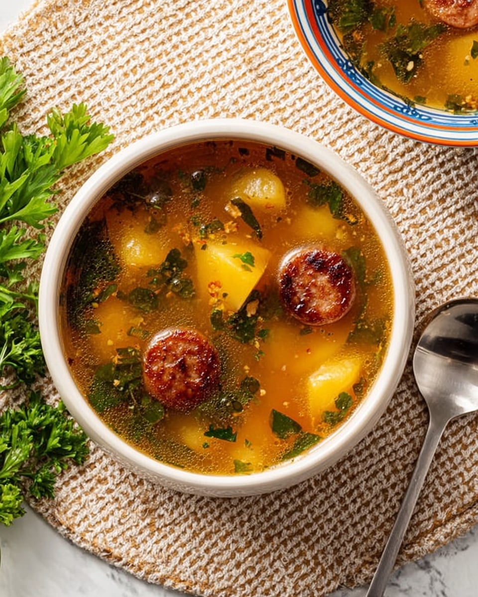The image shows a white bowl filled with soup sitting on a light brown woven mat with a white marbled surface underneath. The soup has a clear brownish-yellow broth with small oil droplets on the surface. Inside the soup, there are three round sausage slices with a browned top, three chunky pieces of yellow potato, and small green leafy herbs floating throughout. Next to the bowl on the right side, there is a shiny silver spoon and a small part of another white bowl with a blue and orange rim, also holding soup with potato pieces. At the bottom left corner, a small bunch of fresh green parsley is placed on the white marbled surface. photo taken with an iphone --ar 4:5 --v 7