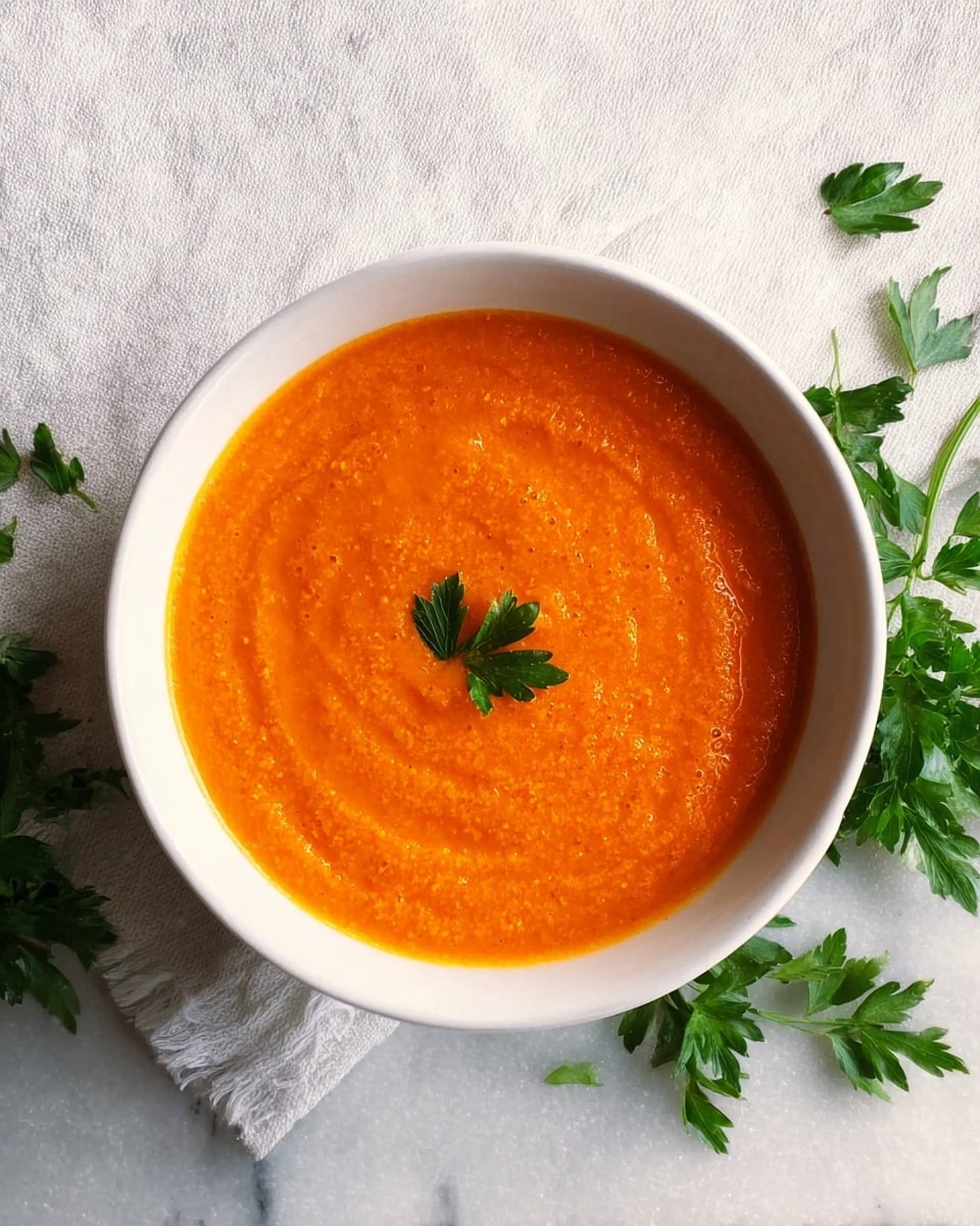 The image shows a white marbled surface with seven bowls and one measuring cup arranged neatly. The largest white bowl at the top center is filled with bright orange carrot slices. Below it to the left, a white bowl contains light white onion rings. In the center bottom, a white bowl holds a dark brown liquid broth. To the top right near the carrots, a small white bowl has coarse salt and black pepper. Just below it is another small white bowl filled with a light yellow liquid, likely juice. Next to this is a tiny clear jar with a pale beige powder, and below it is a silver metal measuring cup. A small green parsley sprig peeks from behind the bowls, adding a touch of color. The overall scene is bright, clean, and organized, with all items placed on a white marbled surface. photo taken with an iphone --ar 4:5 --v 7