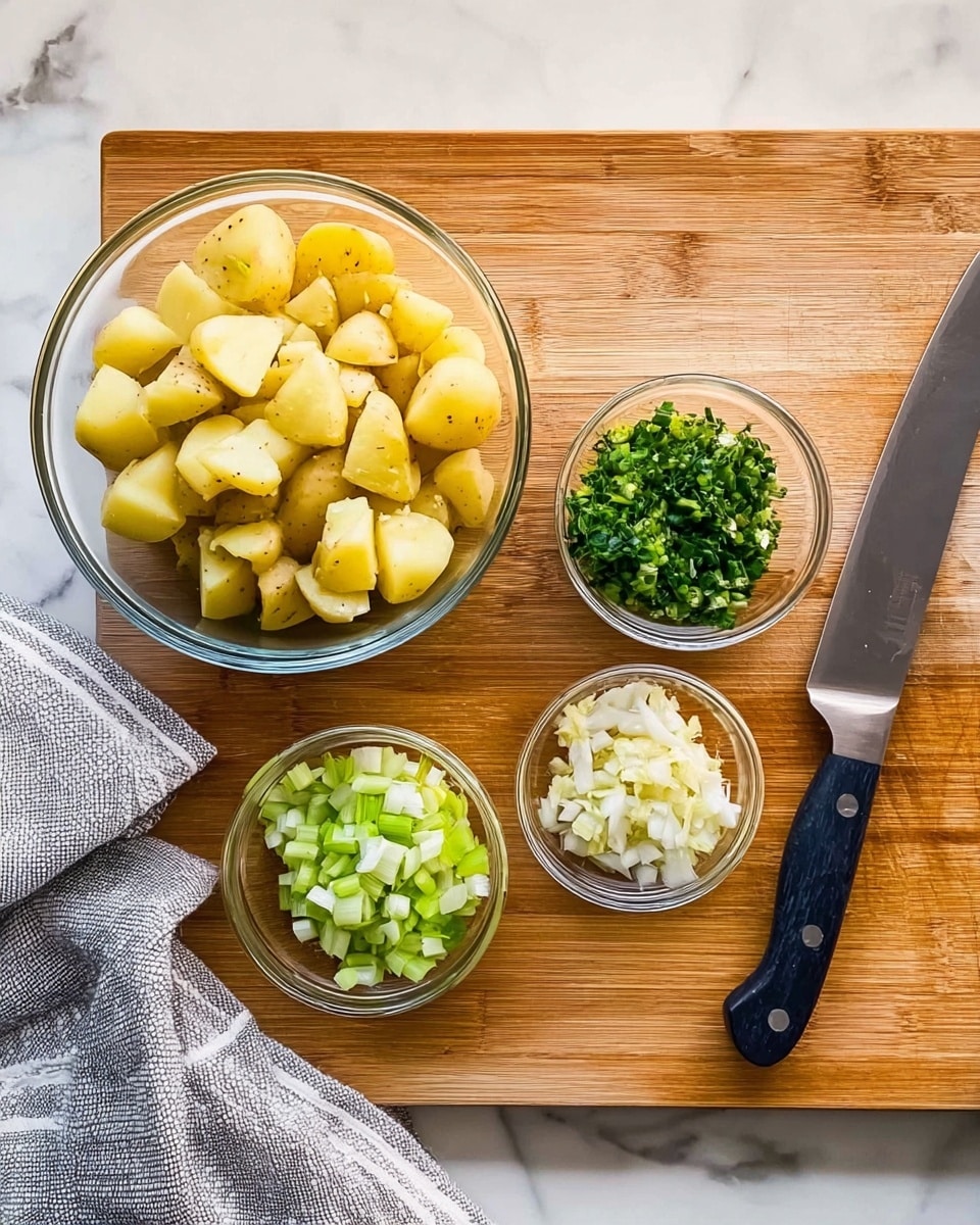 A clear round bowl filled with small yellow potato pieces sits on the left side of a wooden cutting board. To the right, there are three small clear bowls stacked in a rough triangle: minced garlic in the upper small bowl, chopped green herbs in the middle bowl below it, and light green chopped celery and onion pieces in the lower bowl. On the right edge of the board, a large knife with a black handle is placed flat. A gray and white striped cloth lies next to the cutting board on a white marbled surface. photo taken with an iphone --ar 4:5 --v 7