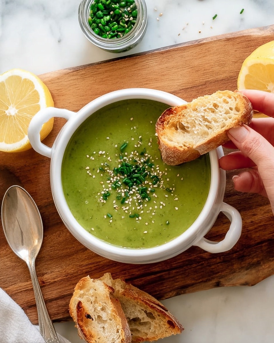 A white bowl with two handles is filled with bright green soup topped with small chopped green herbs. The smooth soup layer fills almost the entire bowl. To the right of the bowl is a golden spoon resting on a white marbled surface. A light grey and white striped cloth is visible on the left edge, and a lemon wedge sits near the top right corner. Photo taken with an iphone --ar 4:5 --v 7