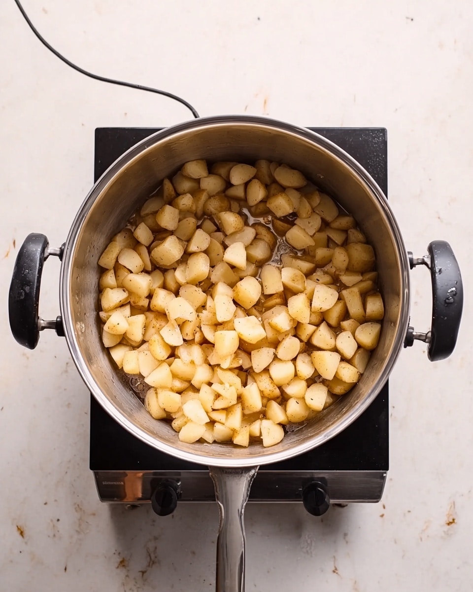 A large silver cooking pot with black handles on each side sits on a black stovetop, filled with one layer of small, evenly chopped light brown potatoes spread across the bottom. The background is a white marbled surface. photo taken with an iphone --ar 4:5 --v 7