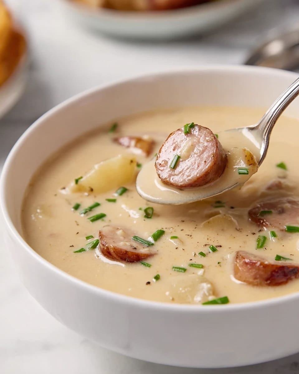 A white bowl filled with thick, creamy light beige soup with small pieces of sliced brown sausage floating inside and tiny bright green chive pieces sprinkled on top, a metal spoon is scooping some soup showing one sausage slice and a few small potato pieces, the bowl sits on a white marbled surface, soft focused background with hints of other dishes, photo taken with an iphone --ar 4:5 --v 7