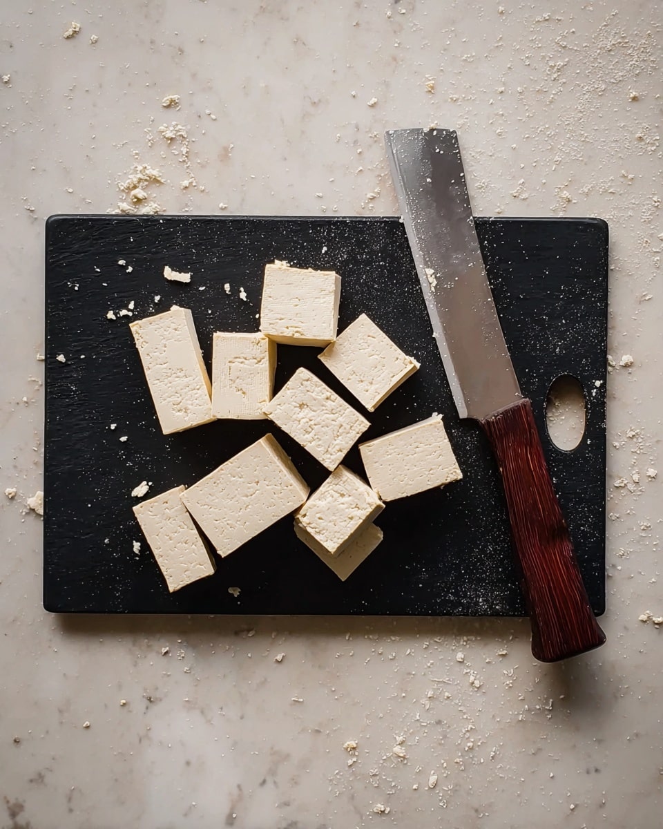 A black cutting board placed on a white marbled surface holds evenly sized rectangular blocks of light cream tofu with a slightly porous texture. The tofu pieces are arranged loosely in the center of the board. A large cleaver with a shiny steel blade and a dark wooden handle rests diagonally on the right side of the board, partially touching some tofu blocks. There are small crumbs and salt grains scattered lightly around the tofu on the cutting board. Photo taken with an iphone --ar 4:5 --v 7