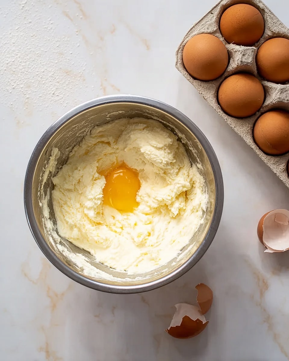 A metal bowl filled with a creamy white mixture of soft, thick batter with a broken raw yellow egg yolk sitting on top, slightly sinking into the batter. The bowl is placed on a white marbled surface. Nearby to the right, there is a partially visible carton of brown eggs with some egg shells resting close to it on the marbled surface. The scene is lit softly showing smooth textures of the batter and matte shell of the eggs photo taken with an iphone --ar 4:5 --v 7