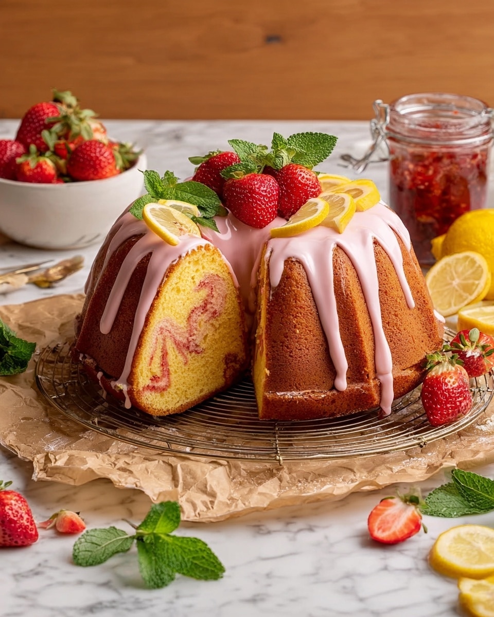 A round bundt cake with a smooth, light brown outer layer covered in pink icing dripping down the sides. The cake is sliced, revealing two inside layers: a yellow sponge cake with pink swirls running through it. On top of the cake are fresh red strawberries, green mint leaves, and thin yellow lemon slices arranged as decoration. The cake sits on a wire rack placed on crumpled brown parchment paper on a white marbled surface. Around it are scattered mint leaves, lemon slices, a white bowl filled with strawberries, and a jar of strawberry jam. Photo taken with an iphone --ar 4:5 --v 7