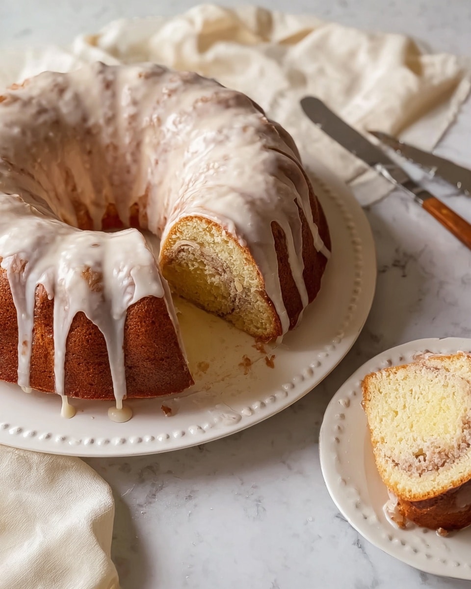 A round bundt cake with a glossy white glaze dripping down its sides is shown on a white plate with a simple embossed edge. The cake has a golden-brown outer crust and a light yellow interior swirled with a cinnamon-colored filling. A slice of the cake is placed on a smaller white plate to the right, revealing the thick, soft texture inside. The scene is set on a white marbled surface with a cream cloth nearby, adding a soft touch. photo taken with an iphone --ar 4:5 --v 7