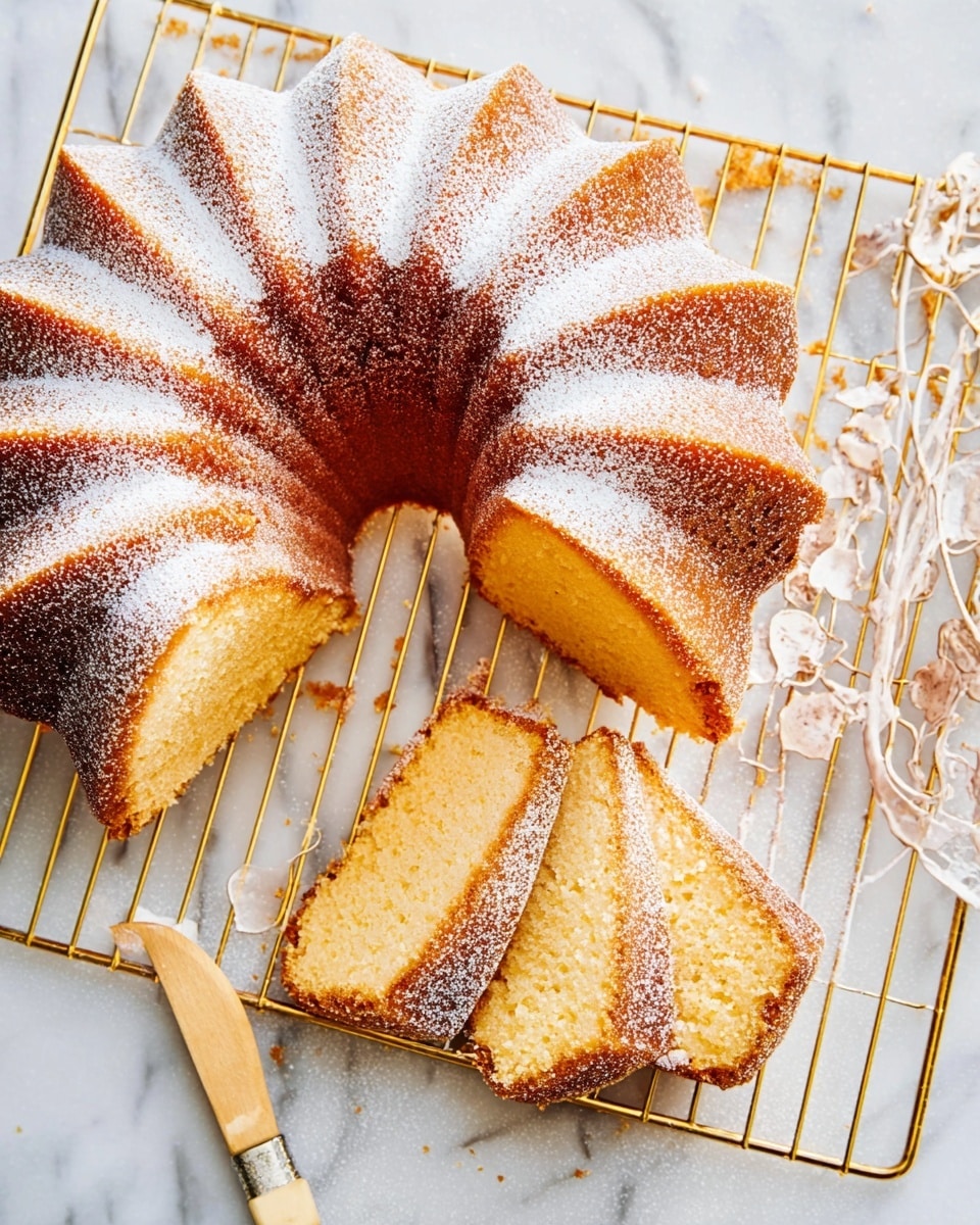 A round bundt cake with evenly spaced ridges around the edges, topped with a light dusting of powdered sugar that highlights its golden-brown color and textured surface. Three slices are cut and laid flat in front of the cake, showing a soft, moist interior with a pale yellow color. The cake sits on a gold cooling rack placed on a white marbled surface. A knife with a light wooden handle rests nearby on the marble. photo taken with an iphone --ar 4:5 --v 7