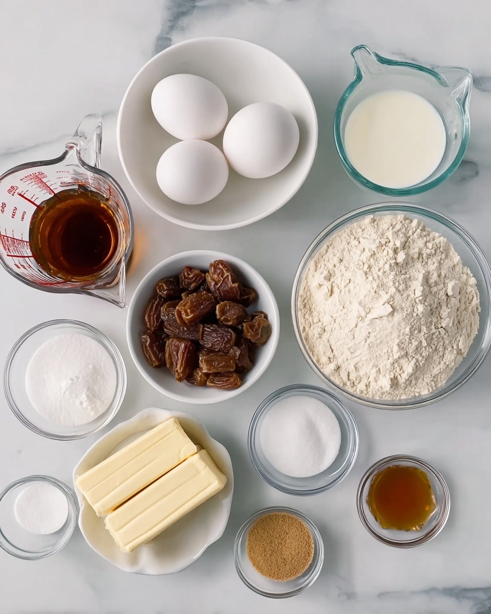 The image shows several clear and white bowls and glass measuring cups with baking ingredients arranged neatly on a white marbled surface. There are three large white eggs in a white bowl, a glass measuring cup with dark brown syrup on the left, a medium glass measuring cup filled with white milk, and another with clear water. A white bowl holds light brown brown sugar, another white bowl contains chopped dark brown dates, and a larger white bowl is filled with white flour. There are three sticks of pale yellow butter stacked on the bottom left. Small clear bowls hold white baking powder, white baking soda, light brown vanilla extract, and white sugar, arranged in the front and the middle. The whole setup is clean, orderly, and well-lit. Photo taken with an iphone --ar 4:5 --v 7