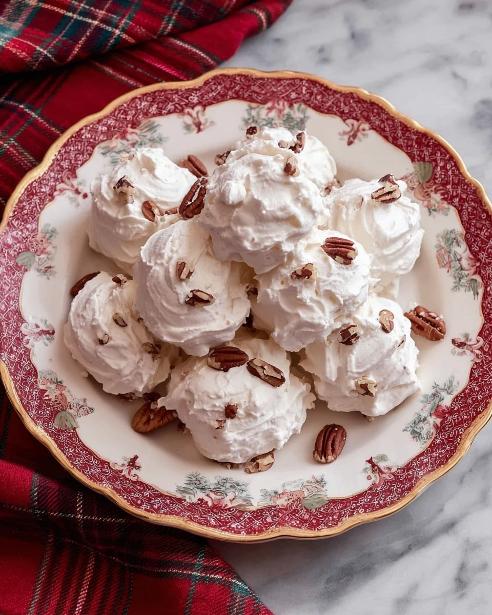 A white scalloped plate with a red and gold trim decorated with small Christmas-themed images holds a mound of about fifteen white, fluffy dollops of whipped cream or meringue arranged in a loose pyramid shape. Scattered among the dollops are whole brown pecan halves, some partly tucked inside the cream. The plate sits on a white marbled surface with a red tartan cloth visible on one side. Photo taken with an iphone --ar 4:5 --v 7