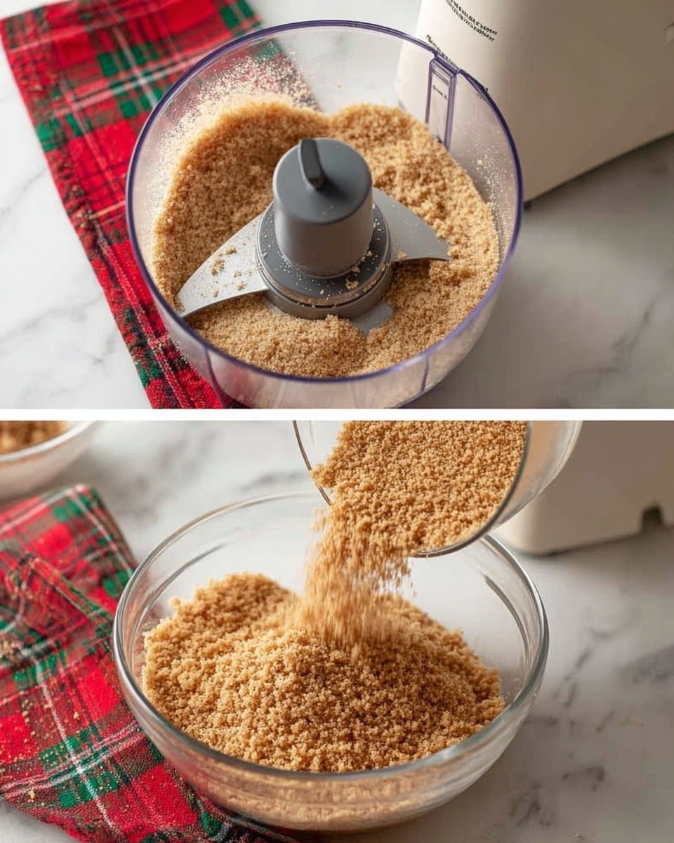 Two images show the process of making a crumb mixture. The first image has a food processor with finely ground light brown crumbs inside, sitting on a white marbled surface with a red and green checkered cloth nearby. The second image shows the crumb mixture being poured from the food processor into a clear glass bowl containing more of the same crumbs, all placed on the same white marbled surface with the same cloth under the bowl. photo taken with an iphone --ar 4:5 --v 7