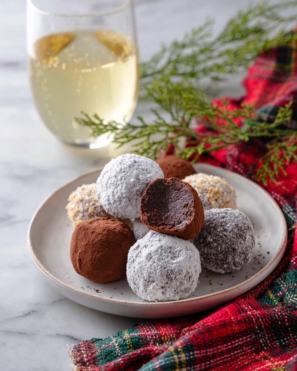 A dark blue rectangular plate holds 21 small round truffles arranged in four rows. The truffles have three types: white powdered sugar coated, dark brown cocoa powder covered, and light brown with a rough nutty texture, evenly mixed on the plate. The plate sits on a white marbled surface with a green pine branch to the left side and a red, green, and white plaid cloth at the bottom left corner. In the background, there are three clear, empty glass cups and a green bottle with a yellow label, slightly out of focus. The lighting is soft and natural, giving a cozy and festive feeling. Photo taken with an iphone --ar 4:5 --v 7