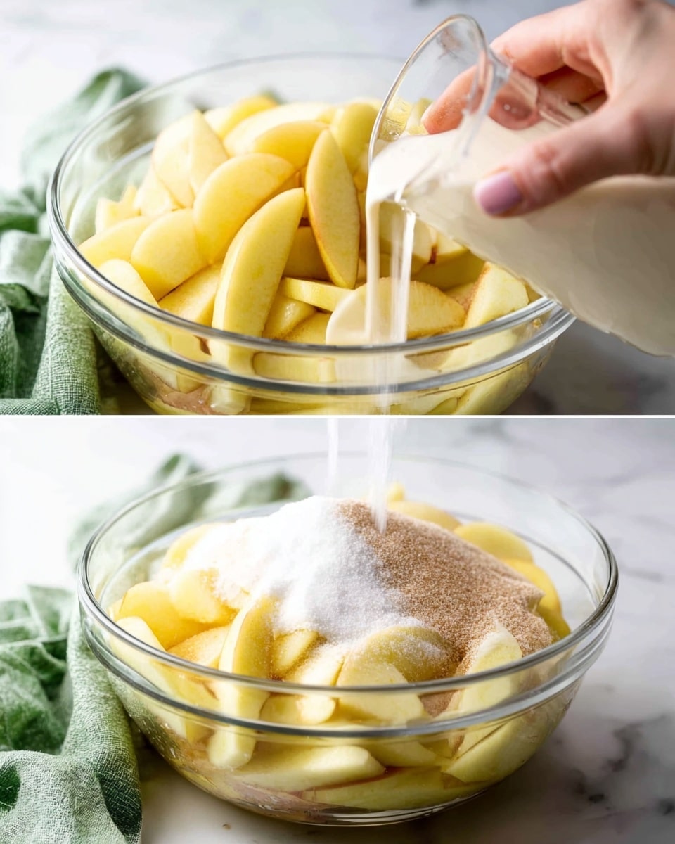 The image shows two clear glass jars filled with a shiny, soft apple compote. The compote is golden with hints of light brown from cinnamon, containing soft, sliced apple pieces layered inside. The jars are placed on a white marbled surface, with a green cloth dram left side and a coil of brown string in the lower right corner. In the background, there are three whole red and yellow apples giving a fresh contrast. The apple slices look juicy and tender, with a smooth and slightly thick sauce around them. Photo taken with an iphone --ar 4:5 --v 7