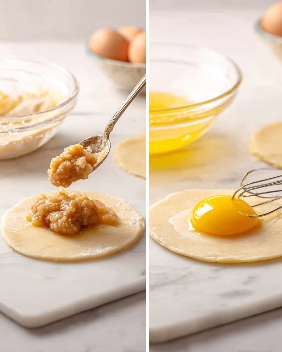 The image shows two close-up views of a cooking process on a white marbled surface. On the left, a spoon is placing a light brown, chunky filling onto the center of a round, thin piece of pale dough. In the background, a blurred glass bowl contains more of the same filling. On the right, a clear glass bowl holds a bright yellow egg yolk being mixed by a small whisk, sitting next to another round piece of pale dough. The scene is clean and bright, with soft natural light shining on the smooth textures. photo taken with an iphone --ar 4:5 --v 7