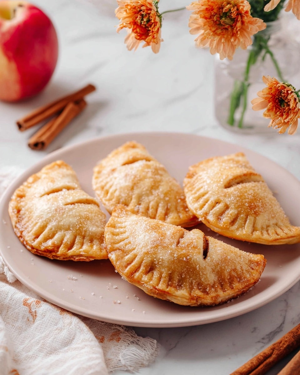 The image shows a close-up of a single golden brown half-circle pastry with a crimped edge on a dark gray plate, with a partially open top revealing light yellow cooked apple slices inside, sprinkled with coarse sugar crystals. In the background, there is a white plate holding four similar pastries stacked together, all with a shiny baked crust. Surrounding the plates on a white marbled texture surface are a white cloth with light floral patterns, two fresh red apples, cinnamon sticks, and a small clear vase holding yellow and orange flowers. The lighting is soft and natural, highlighting the textures and colors of the food and setting. photo taken with an iphone --ar 4:5 --v 7