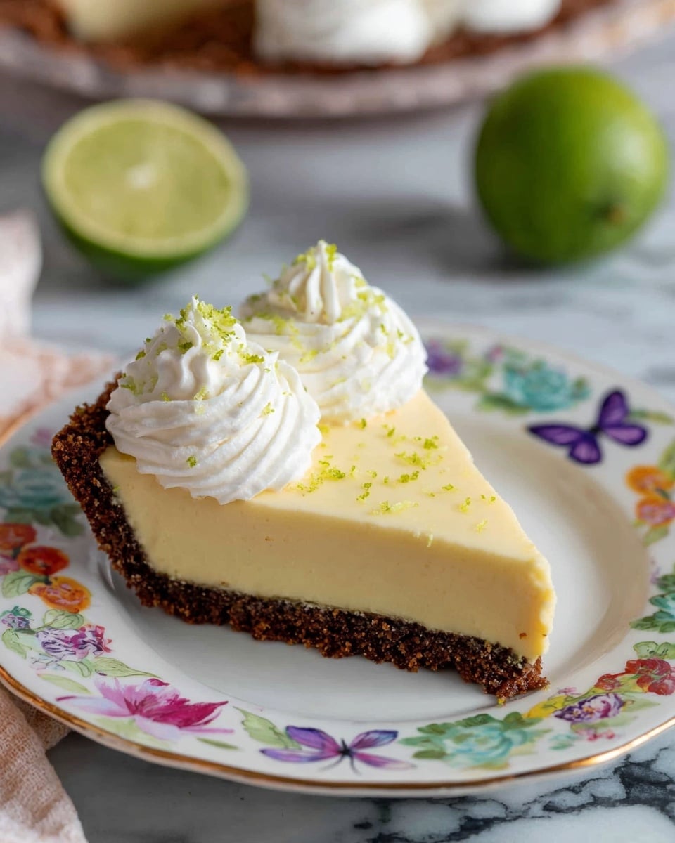 A slice of pie with three layers is shown on a white plate with colorful floral and butterfly designs. The bottom layer is a dark brown crumbly crust, the middle layer is a smooth pale yellow filling, and the top layer has two swirls of white whipped cream sprinkled with small green zest bits. In the background, a lime is cut in half on a white marbled surface. photo taken with an iphone --ar 4:5 --v 7