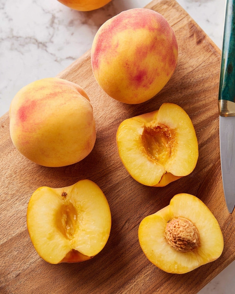 The image shows five peaches on a wooden cutting board with a knife nearby. Two whole peaches are smooth and round, with a soft yellow color and light red blush on one side. Three peach pieces are cut open, displaying their juicy, pale yellow flesh. One peach half shows a rough, light brown seed inside, while the other two peach halves have empty pits with a slightly wet texture. The knife has a silver blade with a green-tinted handle, placed on the upper right of the board. The surface under the cutting board has a white marbled texture. Photo taken with an iphone --ar 4:5 --v 7