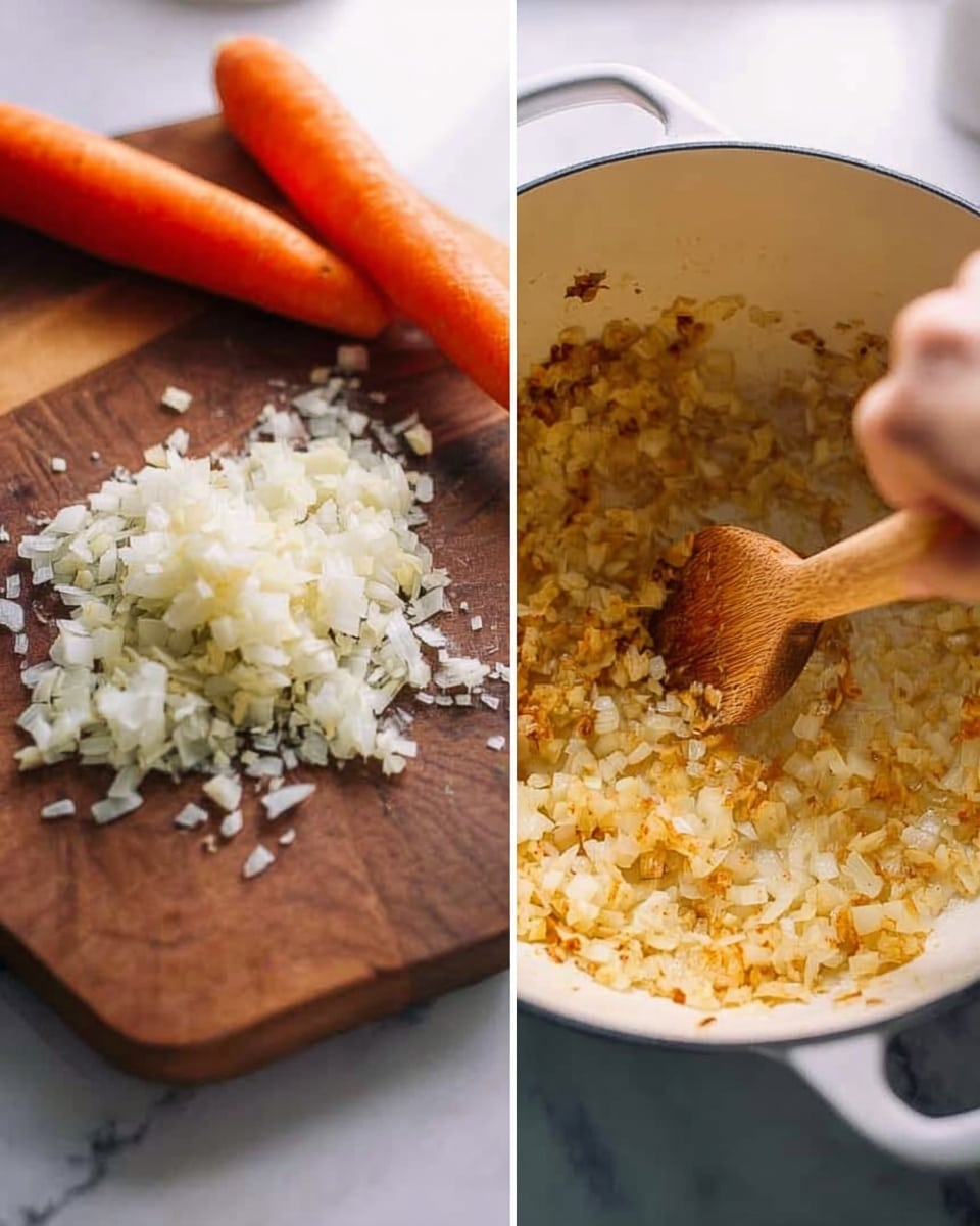 A close-up image shows finely chopped onions on a wooden board with two whole carrots visible in the background on a white marbled surface. Next to it, a white cooking pot contains sautéed onions that have turned golden brown, being stirred with a wooden spoon held by a woman's hand. The textures highlight the soft, cooked onions with some browning on the pot surface, creating a warm and rustic feel. photo taken with an iphone --ar 4:5 --v 7