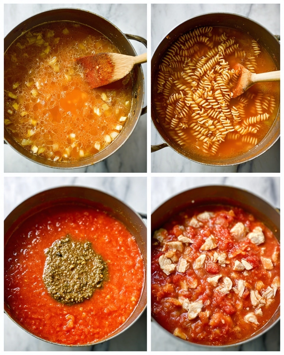 A close-up view of a large pan filled with a thick, orange-red pasta soup made with rotini noodles, chunks of tomatoes, and herbs scattered throughout. The dish has a hearty, chunky texture with visible pieces of pale meat and finely shredded white cheese piled in the center on top, melting slightly into the warm soup. The pan sits on a stove against a blurred background, and the white marbled surface underneath can be faintly seen around the edges. The overall impression is rich, comforting, and freshly cooked photo taken with an iphone --ar 4:5 --v 7