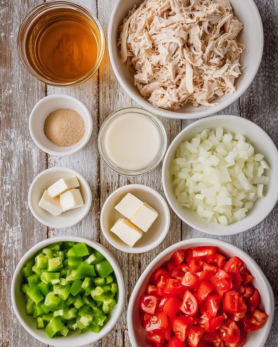 A white pot filled with creamy chicken chili that has visible shredded chicken, diced tomatoes, and green peppers in a light orange sauce, with a metal ladle resting inside. To the left, there is a white bowl with a serving of the chili topped with diced avocado, sour cream, and fresh cilantro. Below that is a small white bowl with tortilla chips and another small bowl with sour cream and a wooden spoon. To the right on a wooden board sits a halved avocado and a knife. The background is a white marbled surface partially covered by a red and white striped cloth and stacks of white bowls. Photo taken with an iphone --ar 4:5 --v 7