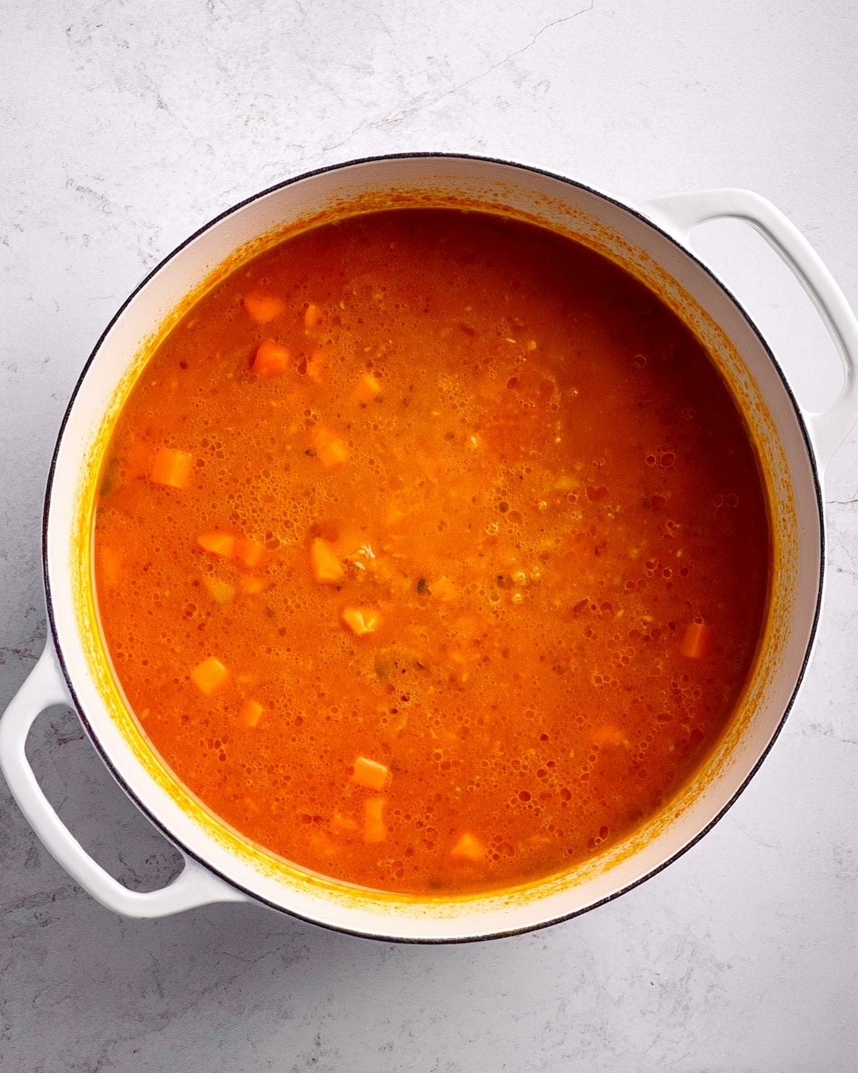 A white pot with two handles is filled with a thick orange soup that has small soft cubes of carrot and bits of meat visible throughout. The soup surface shows a smooth texture with gentle swirls and a slightly oily shine. The pot is placed on a white marbled surface, and the image is taken from above, showing the even layer of soup inside. photo taken with an iphone --ar 4:5 --v 7