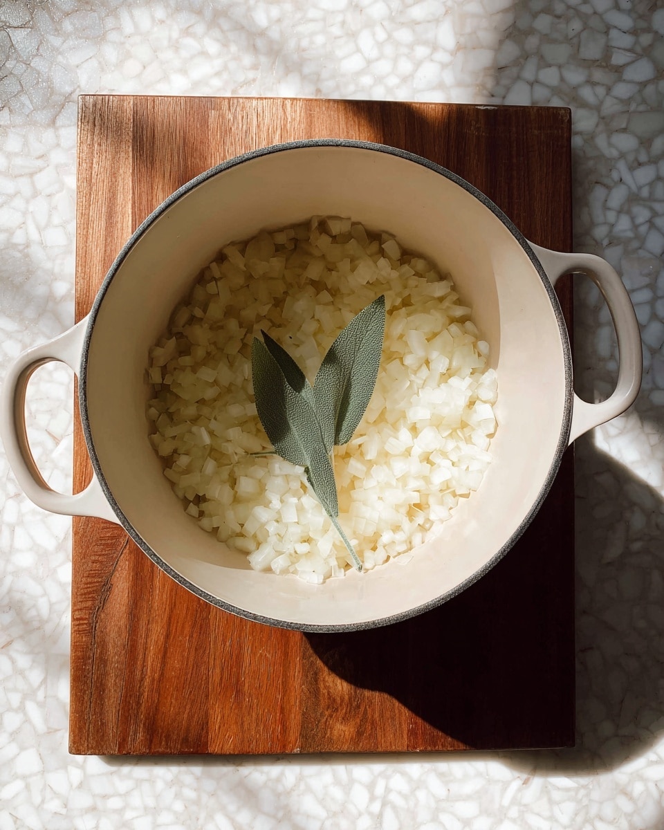A large round white pot with two handles, placed on a wooden board, contains a layer of small diced white onions covering the bottom, topped in the center by two fresh green sage leaves. The pot sits on a white marbled textured surface with natural light casting soft shadows inside the pot. Photo taken with an iphone --ar 4:5 --v 7