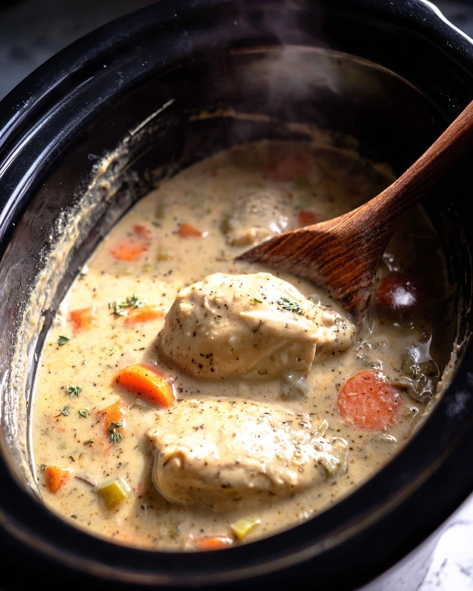 The image shows a black slow cooker filled with a creamy soup that has two large light beige chicken pieces floating on top. The soup base is thick and light beige with small herbs and black pepper specks visible throughout. Small chunks of orange carrots and green celery are scattered in the soup beneath the chicken. A wooden spoon rests inside the cooker, partially submerged in the soup, with some soup dripping off its edge. Steam rises gently from the hot soup, creating a warm and inviting atmosphere. The slow cooker sits on a white marbled texture surface. photo taken with an iphone --ar 4:5 --v 7