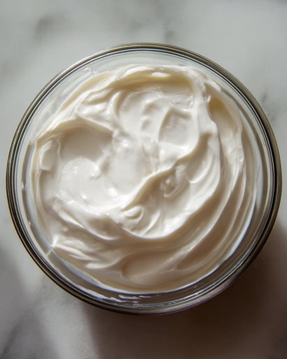 The image shows a close-up view of a single transparent glass bowl filled with a thick layer of smooth, white cream. The cream is spread softly in swirling patterns, giving a soft, fluffy look. The glass bowl is placed on a white marbled surface, adding a clean and bright background to the scene. The light gently reflects on the glossy, creamy texture inside the bowl. Photo taken with an iphone --ar 4:5 --v 7