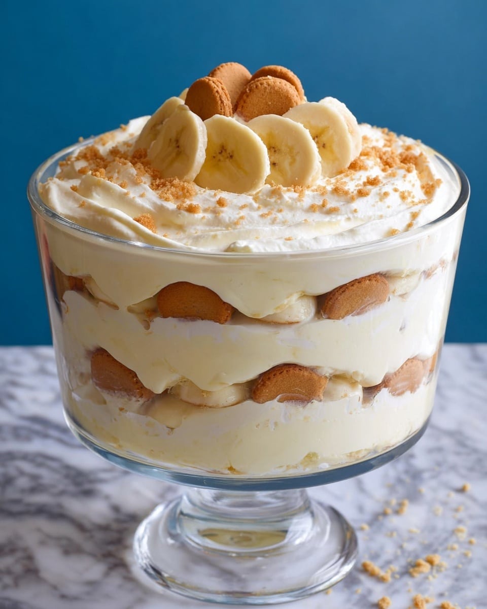The dish is shown in a white speckled bowl filled with three main layers. The bottom layer is a creamy white pudding-like texture, soft and smooth. On top of this are round, sliced banana pieces, light yellow in color, partially covered by the third layer, which is dollops of thick white cream. Scattered on the cream are small broken pieces of light brown vanilla wafers adding a crunchy texture. In the background is a white marbled surface, and a vintage silver spoon is lying next to the bowl. The overall look is soft with a mix of smooth and crumbly textures, warm and inviting. photo taken with an iphone --ar 4:5 --v 7