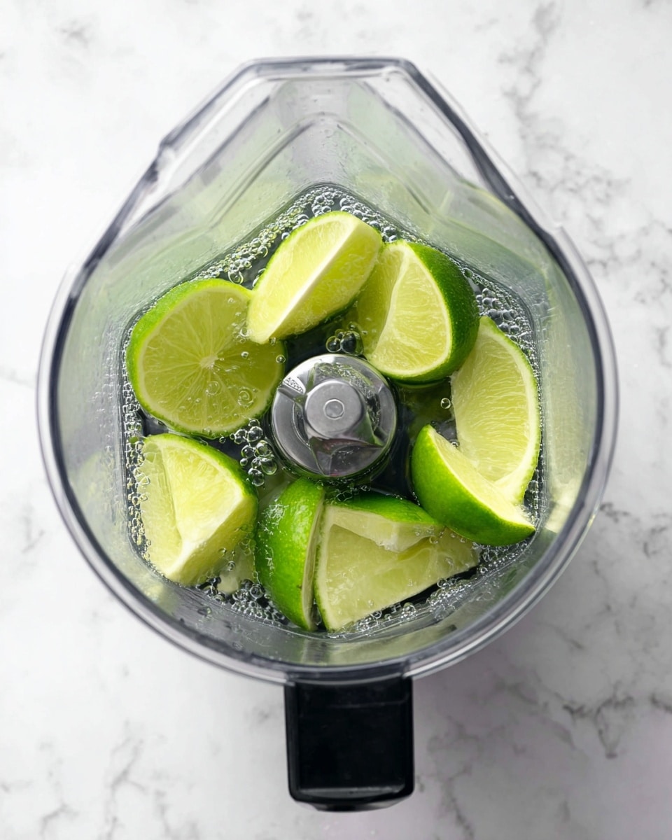 Inside a clear blender container on a white marbled surface, several bright green lime wedges float in water. The lime pieces have smooth, shiny rinds and light green juicy interiors visible, surrounding a sharp silver blade centered in the container. Tiny bubbles cling to the lime slices and the sides of the container, showing the freshness and moisture. The blender lid is black and attached at the top. photo taken with an iphone --ar 4:5 --v 7