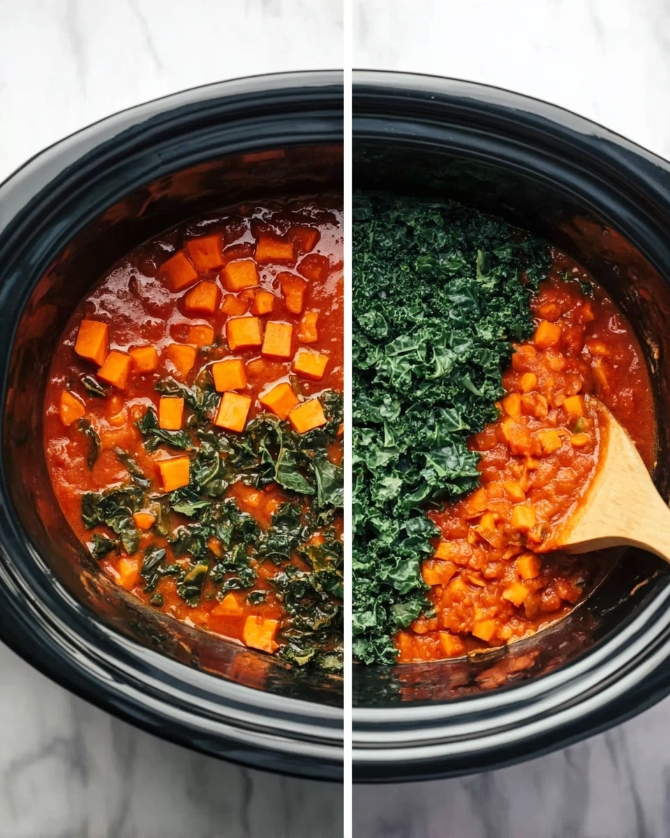 This image shows a close-up of a thick, chunky orange stew with soft pieces mixed throughout, along with bright green leafy bits spread evenly in the dish. A long silver spoon with a patterned handle scoops some of the stew, highlighting its creamy and chunky texture. The overall texture looks rich and smooth with visible pieces of soft food and vibrant green leaves for contrast. The background is a white marbled surface. photo taken with an iphone --ar 4:5 --v 7