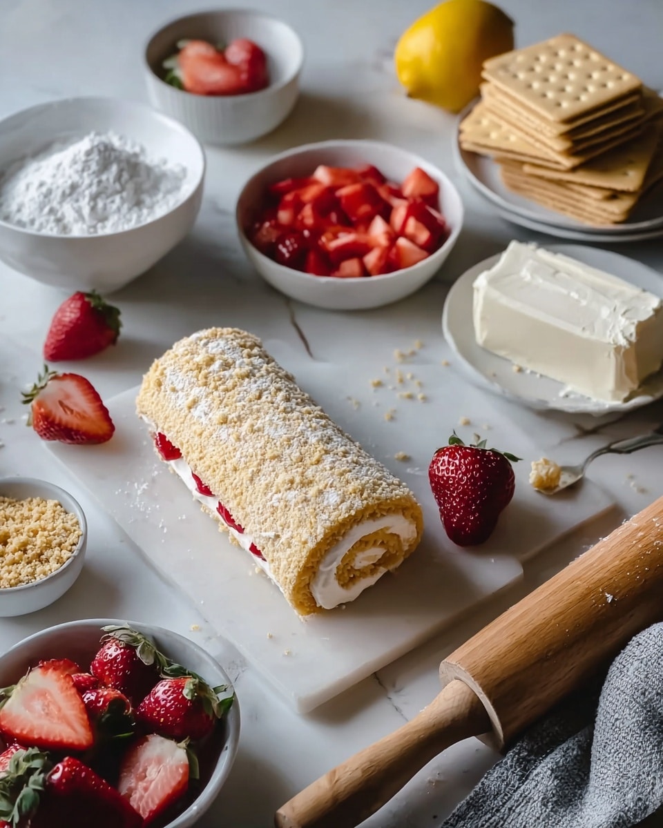A close-up view of a dessert roll placed on a white marbled surface, showing three main visible layers: the outer golden crumb coat sprinkled with fine crumbs, a thin white creamy layer beneath it, and a bright red strawberry filling layer peeking from the side. Surrounding the roll are ingredients arranged neatly, including a bowl of white powdered sugar and a bowl of whole red strawberries on the top, a bowl of chopped strawberries below, a rectangular block of soft white cream cheese, and a small pile of light brown crumbs next to a butter knife. There is a white marble cutting board with square golden-brown crackers stacked on the right, partially overlapping a yellow lemon. A wooden rolling pin rests diagonally in the bottom right corner, and a piece of gray fabric peeks from below it. The entire setting is on a white marbled surface with soft natural lighting. Photo taken with an iphone --ar 4:5 --v 7