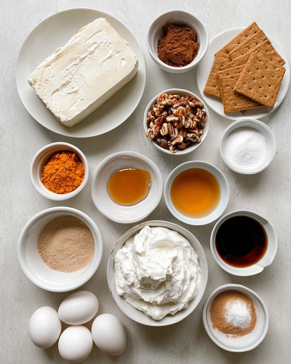 The image shows ingredients for a recipe arranged neatly on a white marbled surface. There is a white plate with a large rectangle of cream cheese with a smooth texture in the center left. To its right, a small pile of square light brown crackers rests on a white plate. Around these, several small white bowls hold various ingredients: light brown brown sugar, chopped pecans, bright orange pumpkin puree, dark brown cocoa powder, white powdered sugar, and two kinds of syrup - one light golden and one darker amber. In the middle, a bowl of fluffy white whipped cream sits next to two white eggs placed directly on the marble. There is a small white dish with a light brown powder and white salt. All items are evenly spaced, creating a clean and orderly look. Photo taken with an iphone --ar 4:5 --v 7