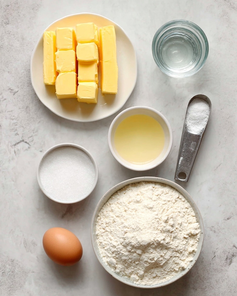 An overhead view shows six items arranged on a white marbled surface: a white plate on the top left filled with yellow cubed butter in two layers, a clear glass cup with water to the right of the plate, a small white bowl below the glass with a pale yellow liquid, a small white bowl filled with white granulated sugar to the bottom left of the liquid bowl, a single brown egg placed below the sugar bowl, and a larger white bowl at the bottom right filled with white flour with a fine texture. A metal measuring spoon with a small amount of salt is placed next to the flour bowl on the right side. Photo taken with an iphone --ar 4:5 --v 7