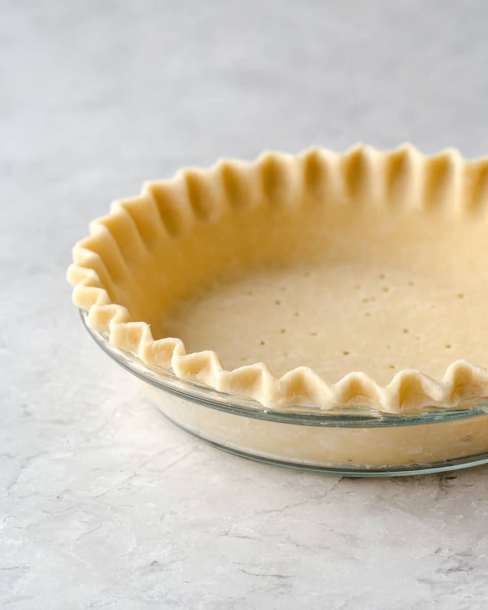 A clear glass pie dish holds an unbaked pie crust with a light golden color and a smooth texture. The crust edges are ruffled evenly all around, creating a wavy border. The base of the crust has small fork holes spread across the surface, adding detail. The dish sits on a white marbled surface, with soft natural light highlighting the gentle curves and texture of the dough. photo taken with an iphone --ar 4:5 --v 7