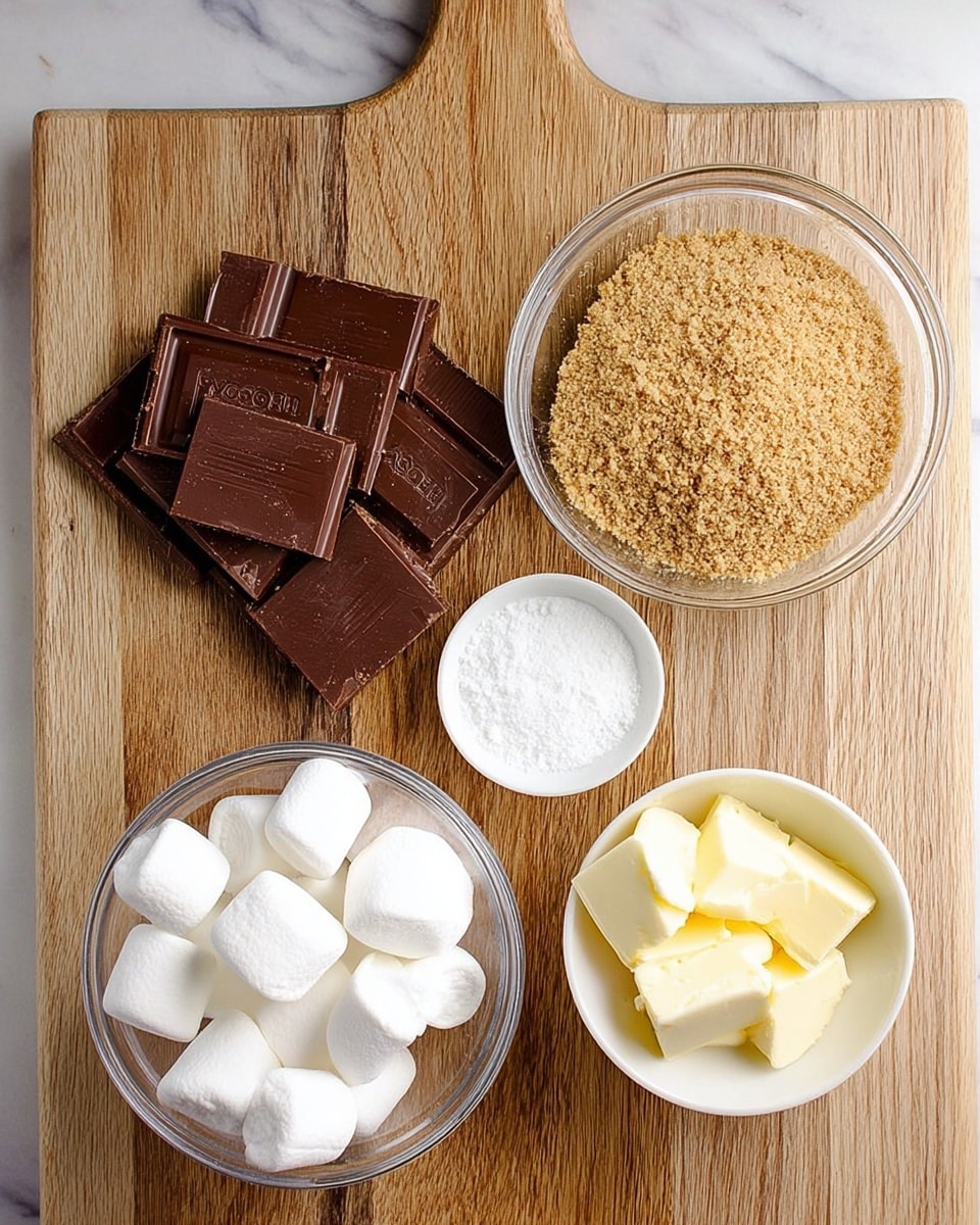 On a wooden cutting board, there is a clear glass bowl with large white marshmallows at the bottom left, next to it and to the right, another clear glass bowl filled with finely crushed light brown graham crackers. Above these bowls, a small white bowl holds a white powdery substance, likely powdered sugar, near the center. To the right of this bowl, there is another small white bowl with pale yellow butter chunks. At the top left of the board, there is a stack of dark brown Hershey's chocolate squares arranged neatly, some overlapping. The wooden board has a natural grain texture with a handle at the top, set on a white marbled surface photo taken with an iphone --ar 4:5 --v 7