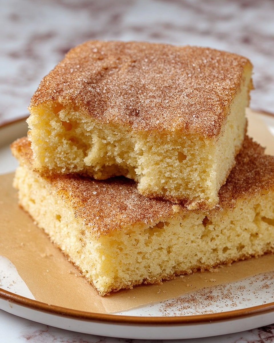 The image shows two square pieces of soft, light yellow cake stacked on top of each other on a round white plate lined with parchment paper. The top layer of the cake is sprinkled with a light brown powder, likely cinnamon sugar, which adds a grainy texture. The top piece has a bite taken out of the side, revealing a fluffy and moist inside with small air pockets. The background has a white marbled texture, making the cake stand out clearly. Photo taken with an iphone --ar 4:5 --v 7