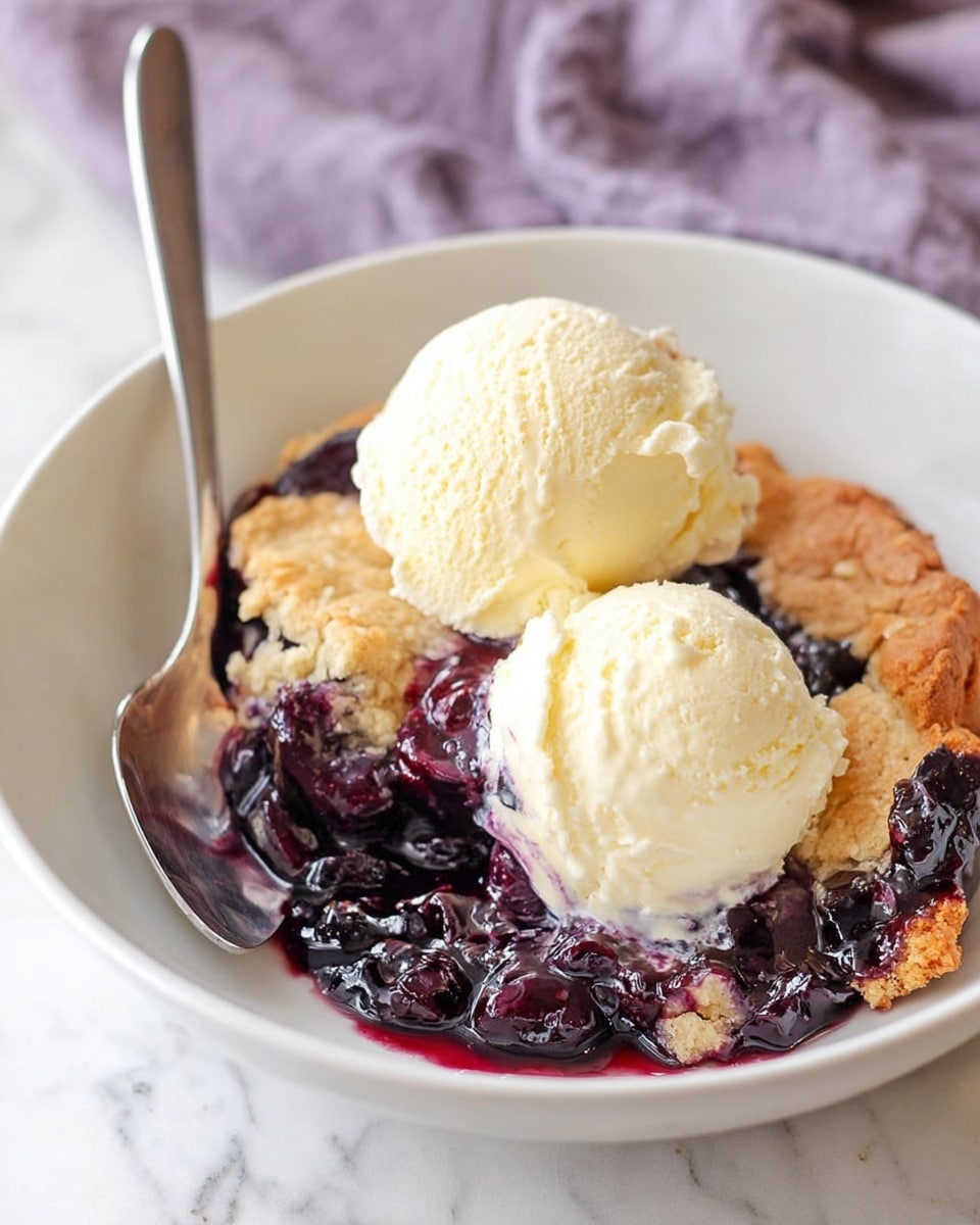 The image shows a white rectangular dish filled with a baked dessert that has two main layers. The bottom layer is a dark purple, thick, and glossy fruit filling that looks soft and juicy, covering the whole base of the dish. The top layer is a golden brown, cracked, and slightly crispy crust sitting unevenly over the fruit layer, with some parts lifted and showing the fruit below. On one side of the crust, there are two pale yellow scoops of melting ice cream, slightly shiny and creamy. A silver spoon is scooping up some of the dark fruit filling, resting partly on the fruit layer. The dish is placed on a white marbled surface. photo taken with an iphone --ar 4:5 --v 7
