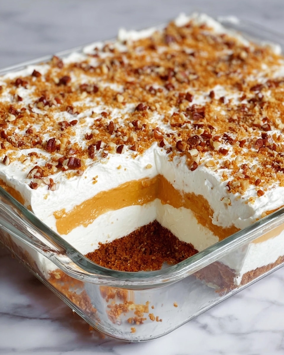 A clear glass baking dish shows a dessert with four layers. The bottom layer is a crumbly brown crust. Above it is a thick, smooth white layer, followed by a rich orange layer in the middle. On top, there is a fluffy white cream layer sprinkled with small chopped brown nuts and some light brown crumbs. A piece is taken out, showing the even layers and creamy texture inside. The dish sits on a white marbled surface. Photo taken with an iphone --ar 4:5 --v 7