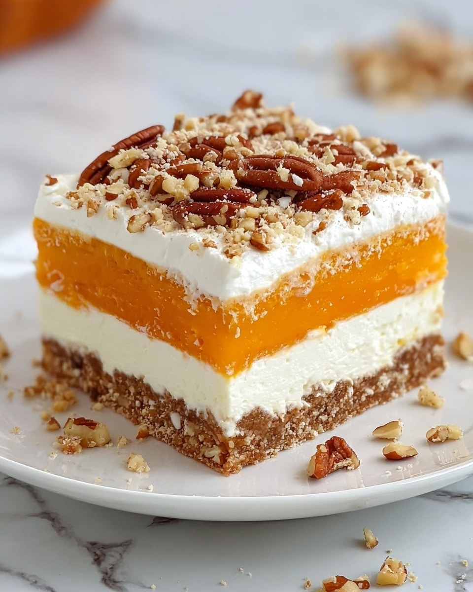 A square piece of dessert on a white plate shows four distinct layers: the bottom layer is a textured brown crust with chopped nuts mixed in, the second layer is thick and white with a smooth creamy texture, the third layer is a vibrant orange filling with a soft, slightly dense texture, and the top layer is a fluffy white cream topped with a generous sprinkle of chopped pecans. There are small crumbs and nuts scattered around the dessert on the plate, and the background is a white marbled surface. photo taken with an iphone --ar 4:5 --v 7