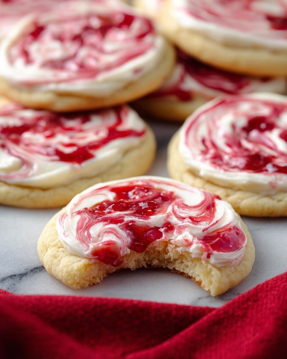 The image shows a white plate on a white marbled surface, holding several round cookies with one main layer of light beige dough. Each cookie has a thick layer of creamy white frosting on top, swirled with red jam in a marbled pattern. In the middle of the plate, there is a clear glass bowl filled with dark red jam with a shiny texture, and a spoon inside it. A red cloth is partly visible under the plate. The scene is bright and clear, showing the contrasting colors of the cookies, frosting, and jam. Photo taken with an iphone --ar 4:5 --v 7